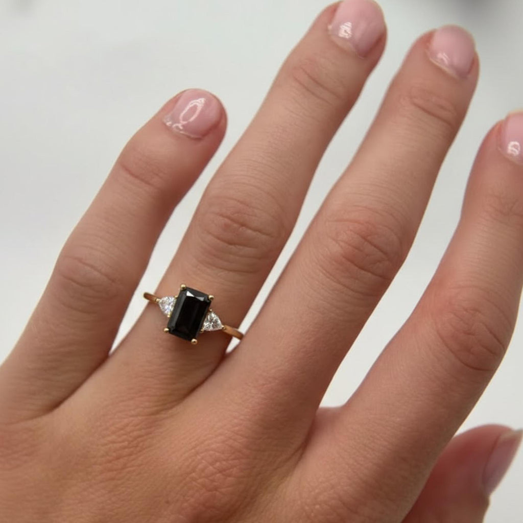 3 Stone Emerald Moissanite Engagement Ring Two Stone Trillion Cut Moissanite Anniversary Ring 14k Solid Gold Trilogy Ring for Women