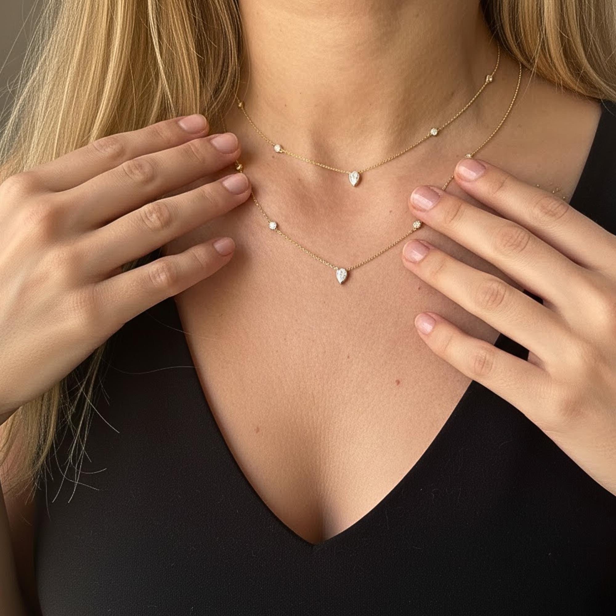 Layered Moissanite Necklace, Gold Dainty Layer Necklace, Pear Drop Necklace, Minimal Station Necklace, Everyday Jewelry Gift