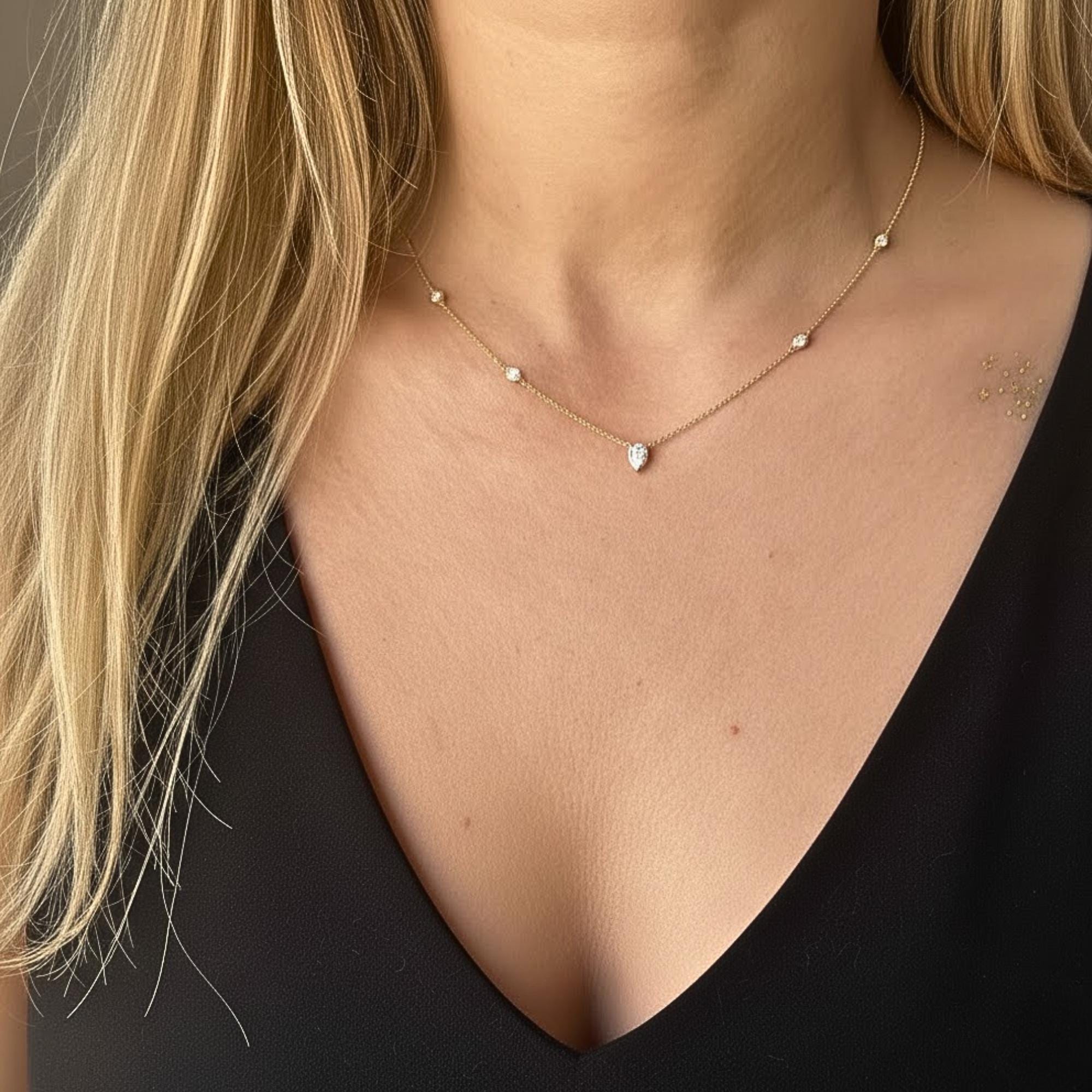 Layered Moissanite Necklace, Gold Dainty Layer Necklace, Pear Drop Necklace, Minimal Station Necklace, Everyday Jewelry Gift