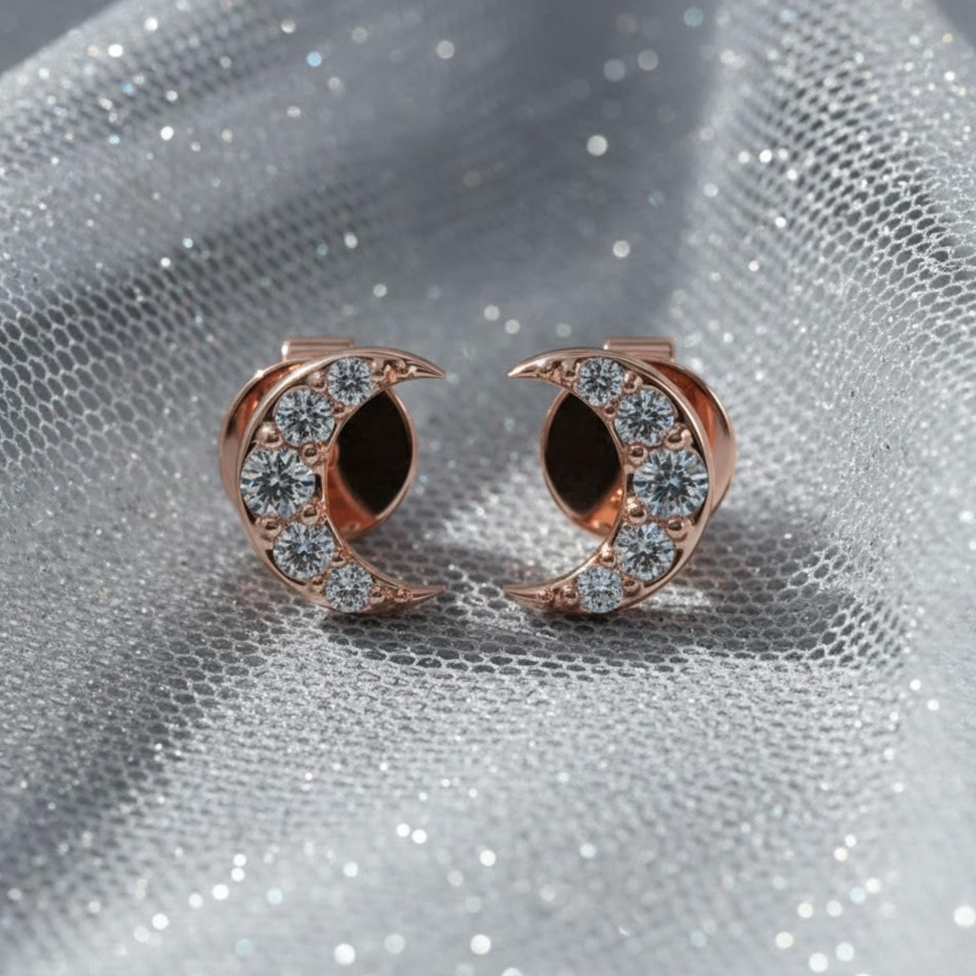 14k Diamond Mini Moon Studs, Small Crescent Earrings, Full Pair or Single Stud, Mix & Match Studs, 14K White, Yellow, Rose Gold, Luna