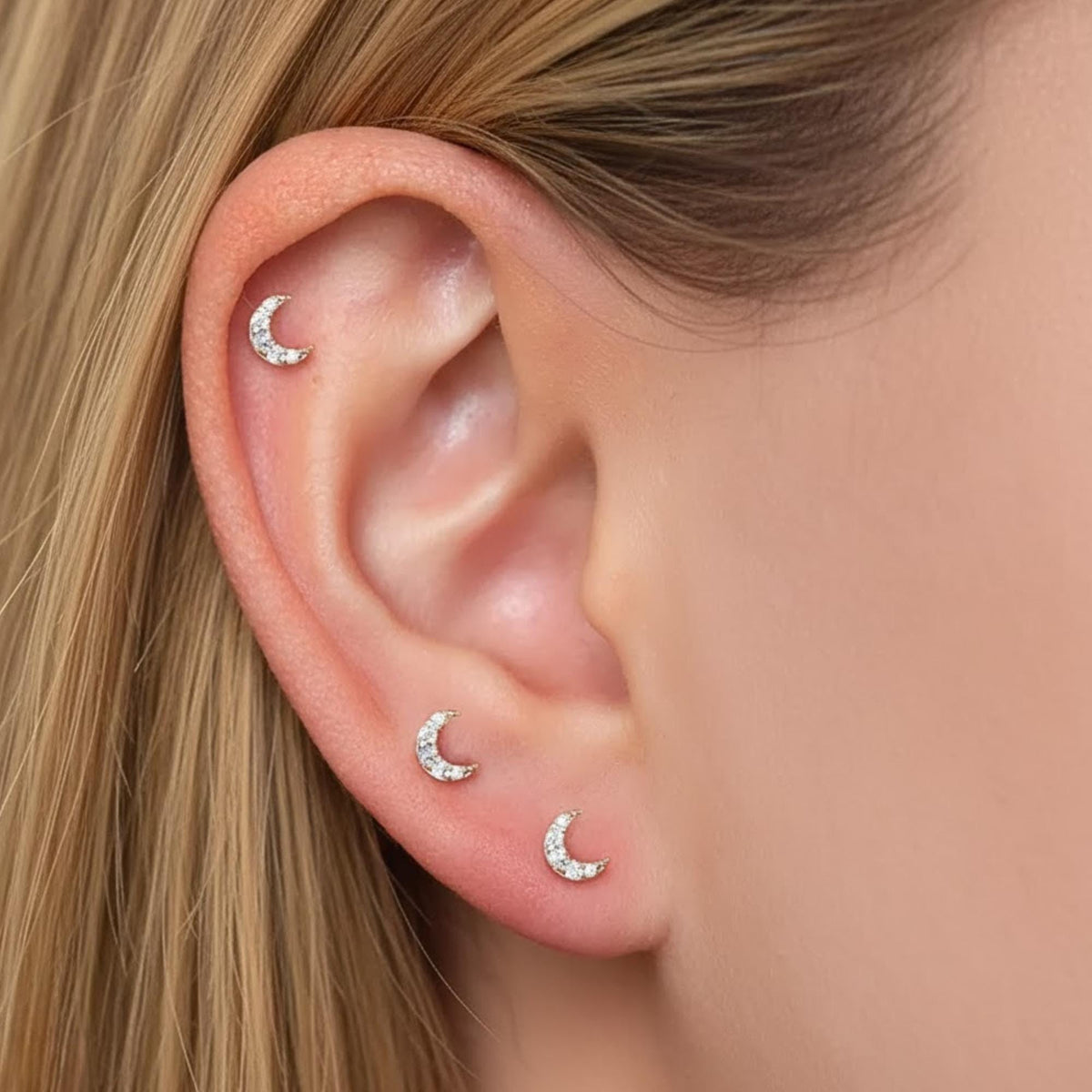 14k Diamond Mini Moon Studs, Small Crescent Earrings, Full Pair or Single Stud, Mix & Match Studs, 14K White, Yellow, Rose Gold, Luna