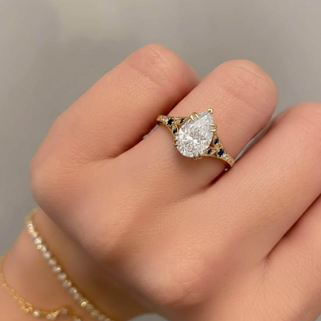 Vintage Pear Moissanite Ring, Art Deco Engagement Ring, Yellow Gold Sapphire Ring, Antique Style Bridal Jewelry for Women