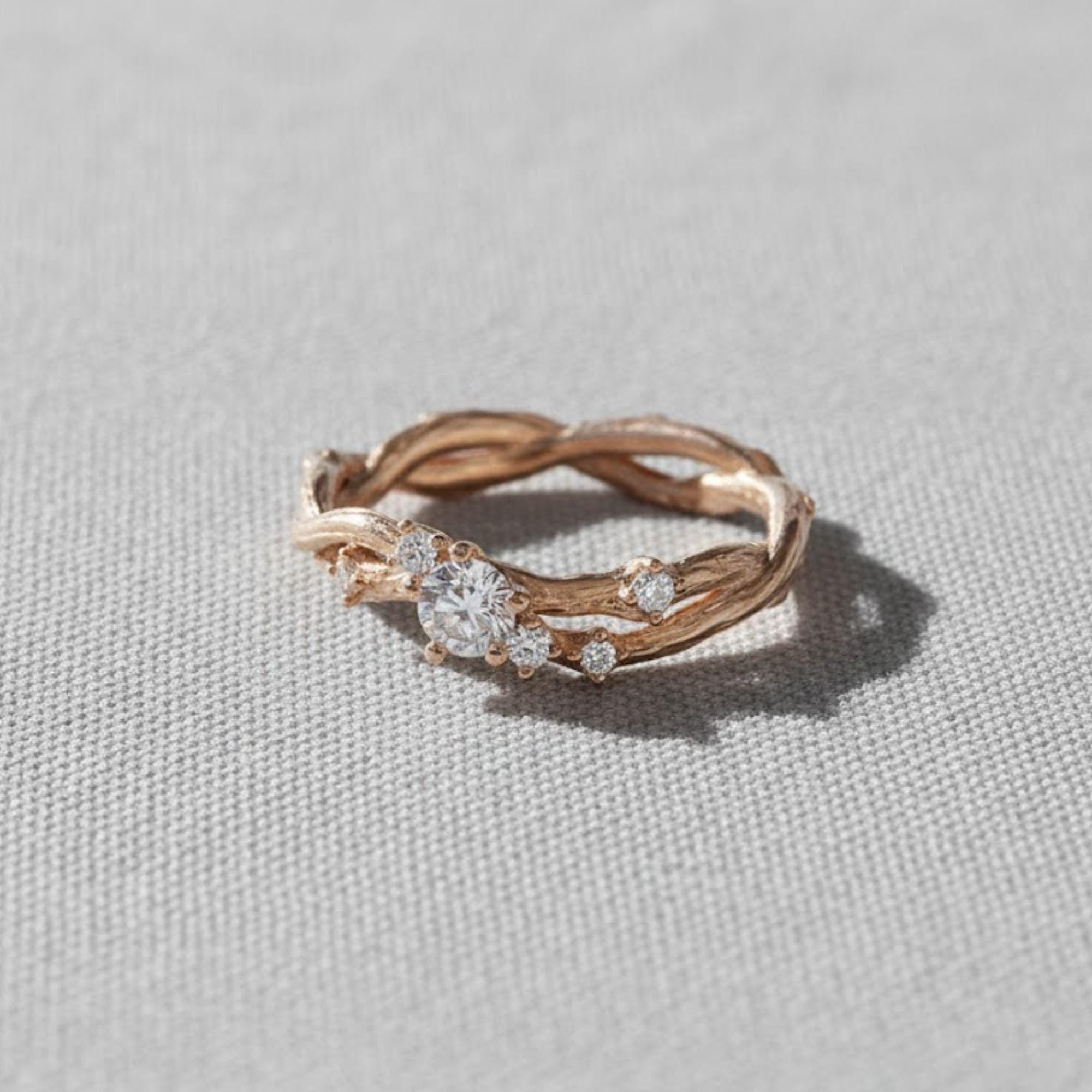 Tree Branch Twist Ring 14K Gold Engagement Band, Round Moissanite Twisted Vine Stackable Ring, Nature Inspired Botanical Wedding Ring