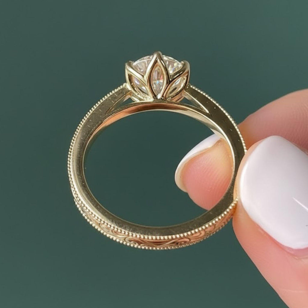 14k Solid Gold 1.0 CT Round Moissanite Engagement Ring / Vintage Set Moissanite Ring for Women / Diamond Substitute Engagement Ring