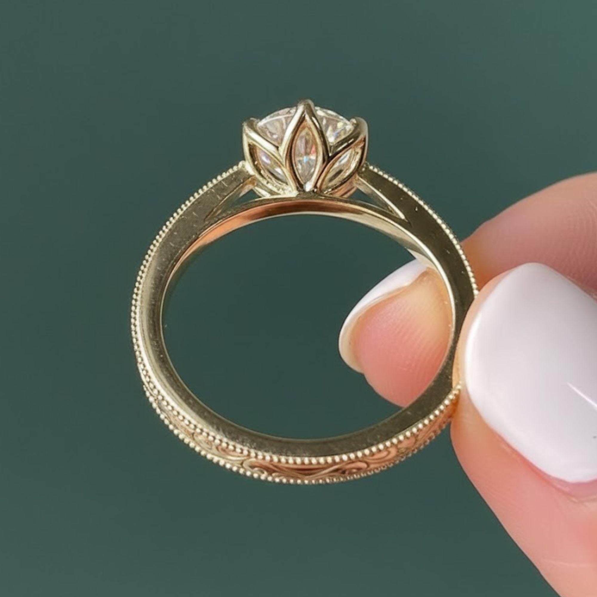 14k Solid Gold 1.0 CT Round Moissanite Engagement Ring / Vintage Set Moissanite Ring for Women / Diamond Substitute Engagement Ring
