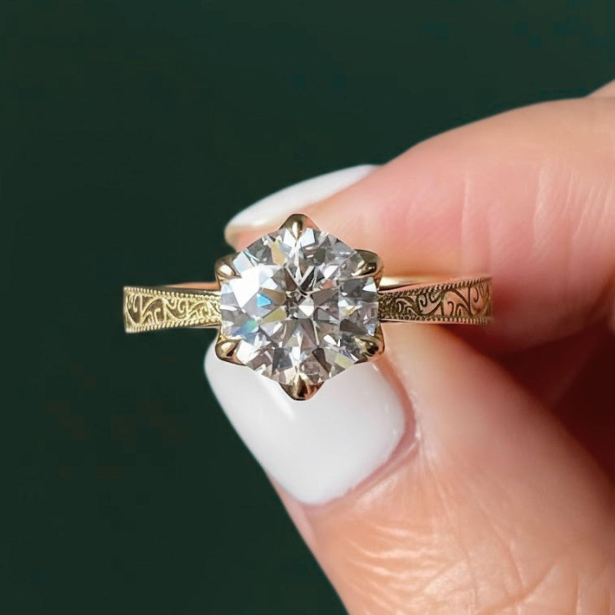 14k Solid Gold 1.0 CT Round Moissanite Engagement Ring / Vintage Set Moissanite Ring for Women / Diamond Substitute Engagement Ring