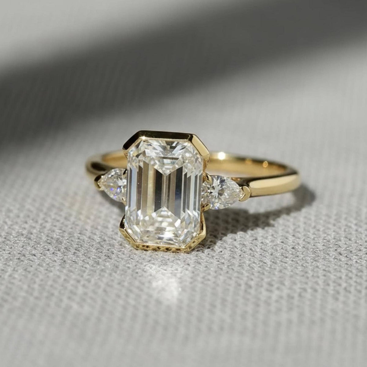 2 CT Emerald Cut Moissanite Engagement Ring 10K Gold Ring Bezel Set Wedding Rings Three Stone Emerald Cut Ring Moissanite Bezel Set Ring