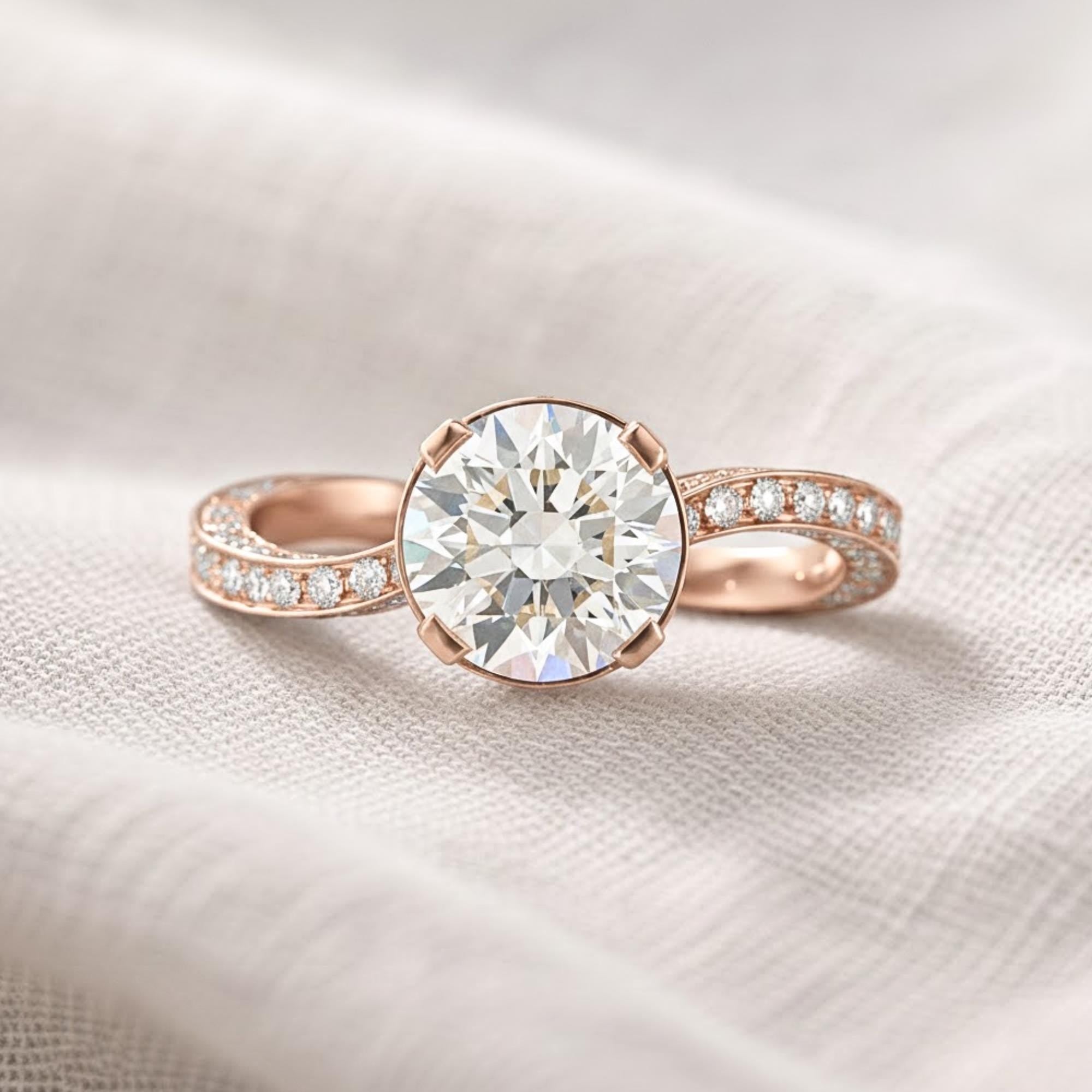 2 Carat Round Cut Moissanite Engagement Ring, Hidden Halo Ring, Yellow Gold Pave Band Ring, Solitaire Promise Ring for Women, Bridal Ring