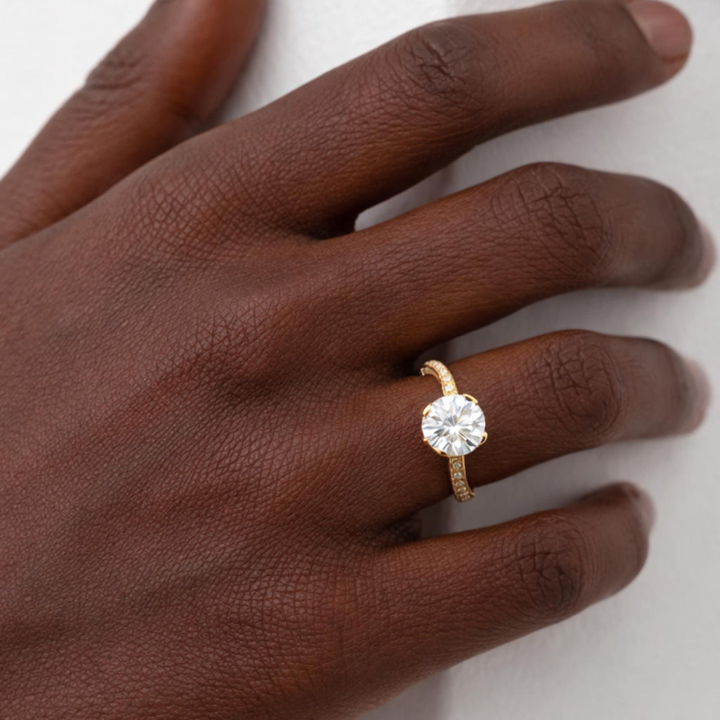 2 Carat Round Cut Moissanite Engagement Ring, Hidden Halo Ring, Yellow Gold Pave Band Ring, Solitaire Promise Ring for Women, Bridal Ring