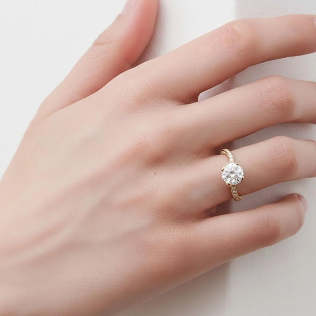 2 Carat Round Cut Moissanite Engagement Ring, Hidden Halo Ring, Yellow Gold Pave Band Ring, Solitaire Promise Ring for Women, Bridal Ring