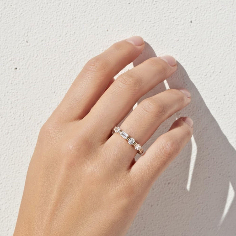 Gold Eternity Band with Mixed Cut Diamonds – Pear, Round, and Emerald Shapes – Unique Stacking Ring, Anniversary or Wedding Band For Her