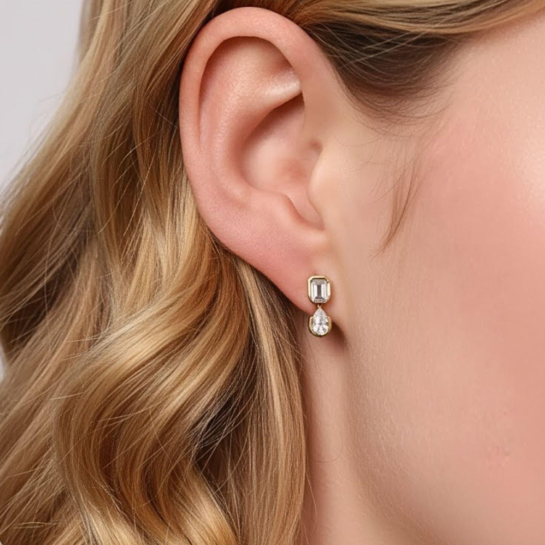 Emerald and pear Cut Moissanite Wedding Earrings in 14K Yellow Gold, Elegant Drop Earrings for Women, Perfect Anniversary Gift for Her