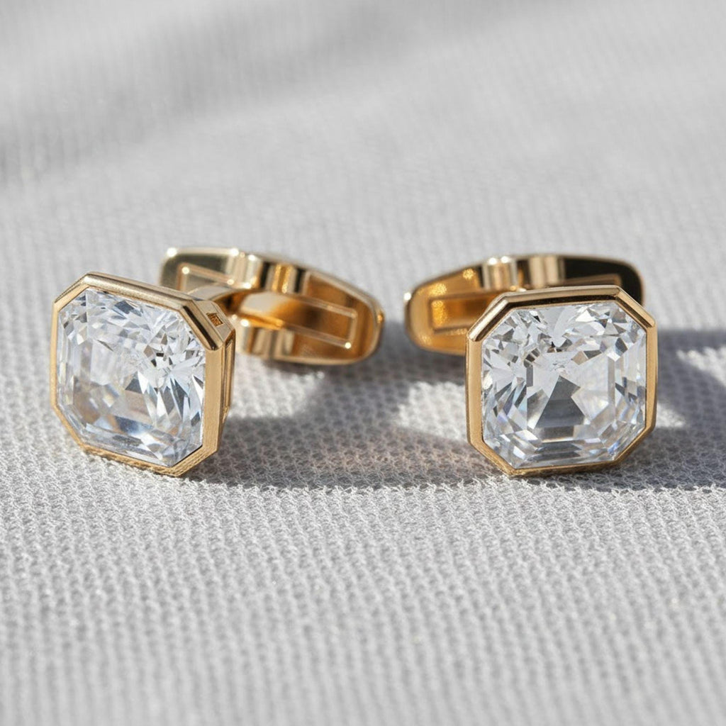 Men's Cufflinks 14k Gold & Sterling Silver with Asscher Cut Moissanite Diamond, Wedding, Anniversary Gift, Groom Accessories, Luxury Jewelry