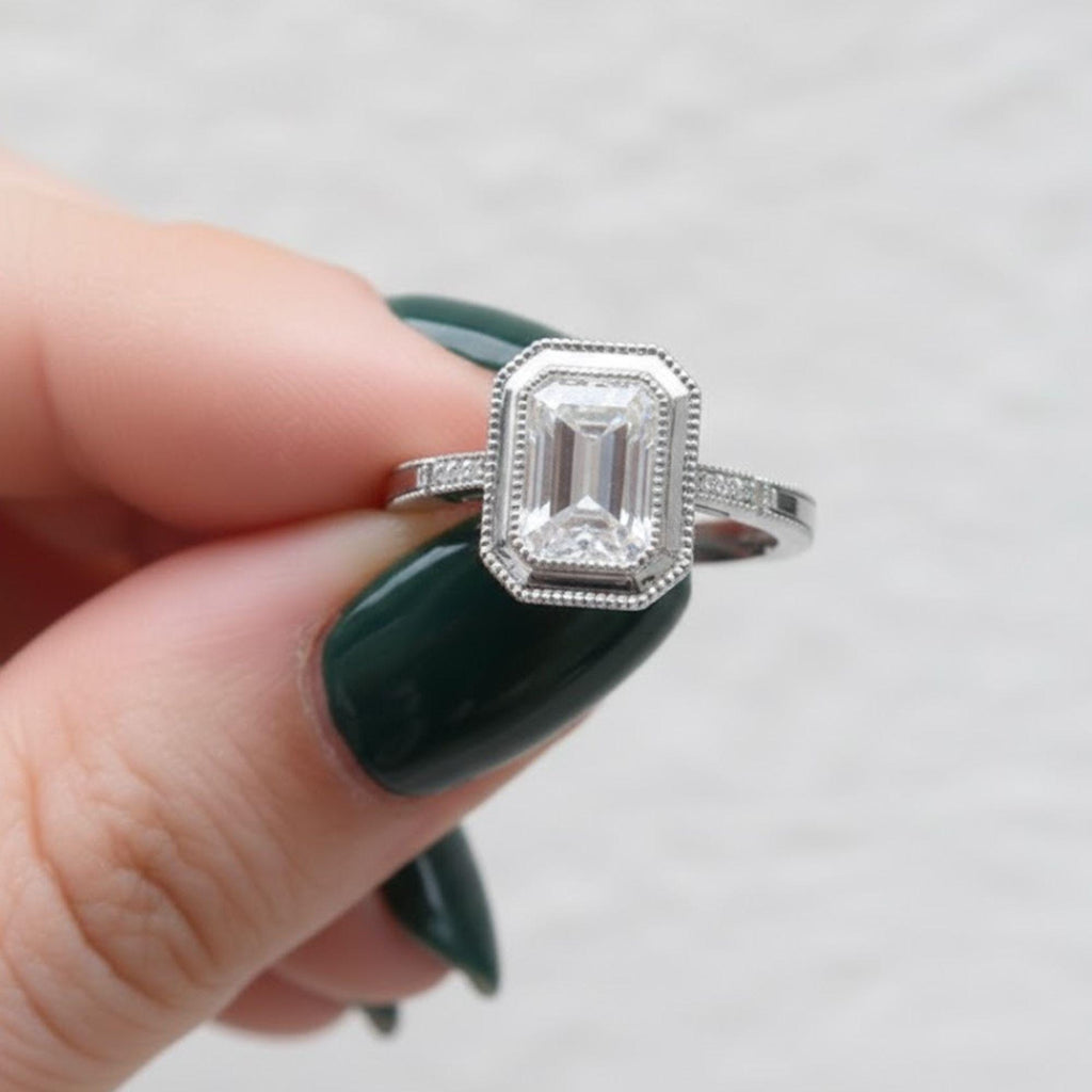 Emerald & Round Cut Solitaire Diamond Engagement Ring with Bezel Set Ring, Milgrain Ring, Premium 925 Sterling Silver 14K Gold Ring