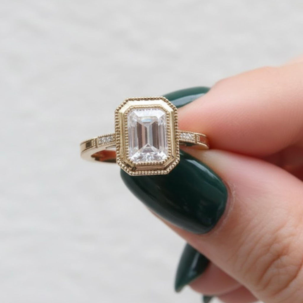 Emerald & Round Cut Solitaire Diamond Engagement Ring with Bezel Set Ring, Milgrain Ring, Premium 925 Sterling Silver 14K Gold Ring