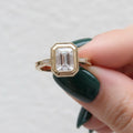 Emerald & Round Cut Solitaire Diamond Engagement Ring with Bezel Set Ring, Milgrain Ring, Premium 925 Sterling Silver 14K Gold Ring