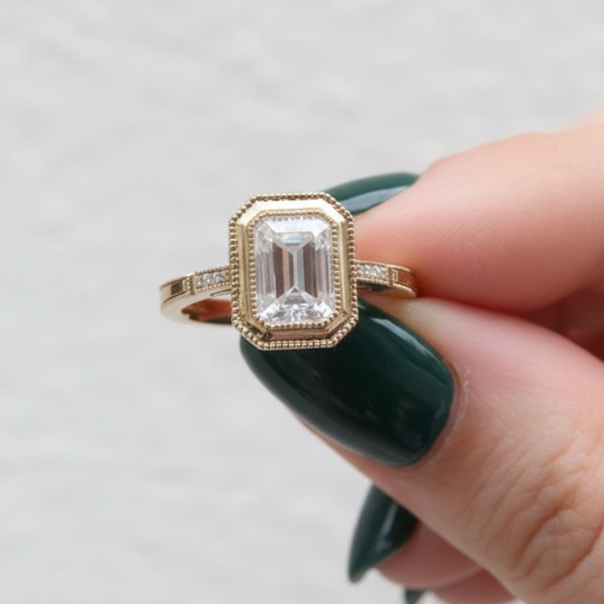 Emerald & Round Cut Solitaire Diamond Engagement Ring with Bezel Set Ring, Milgrain Ring, Premium 925 Sterling Silver 14K Gold Ring