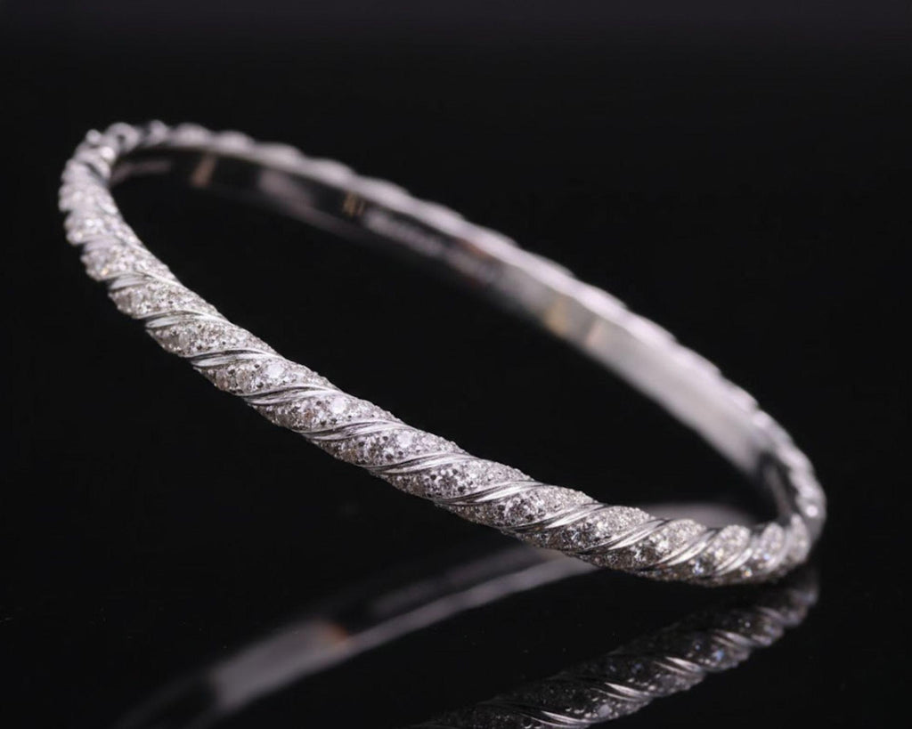 Moissanite Twisted Bangle Bracelet, 925 Silver Pavé Bracelet, Dainty Minimal Bracelet, Everyday Luxury Jewelry, Stackable Gift