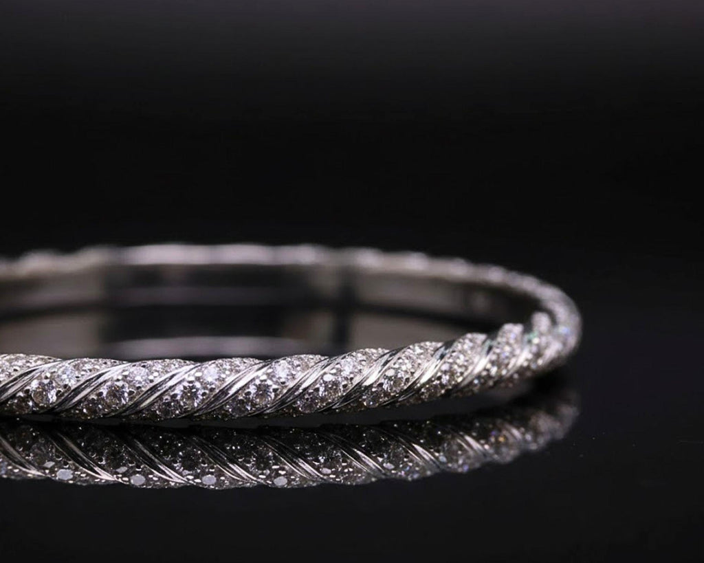Moissanite Twisted Bangle Bracelet, 925 Silver Pavé Bracelet, Dainty Minimal Bracelet, Everyday Luxury Jewelry, Stackable Gift
