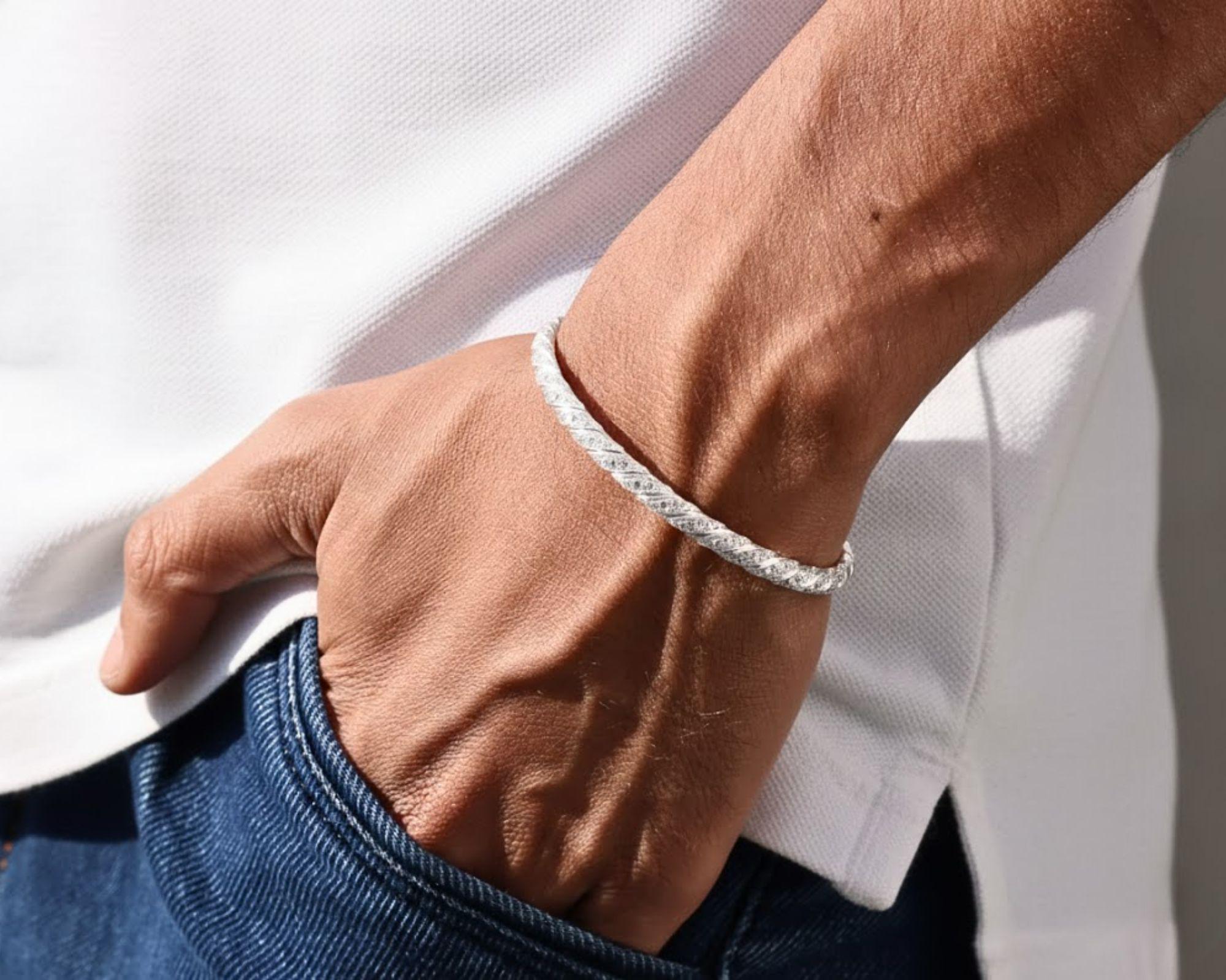 Moissanite Twisted Bangle Bracelet, 925 Silver Pavé Bracelet, Dainty Minimal Bracelet, Everyday Luxury Jewelry, Stackable Gift