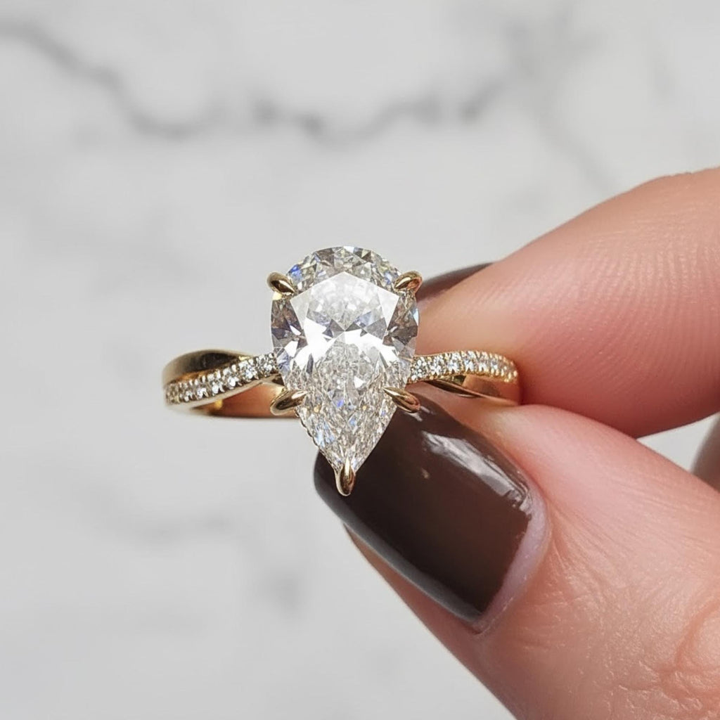Twisted Pear Cut Moissanite Engagement Ring / 2.50 CT Ring with Pave Set Side Stones / 14K Gold Infinity Ring for Women