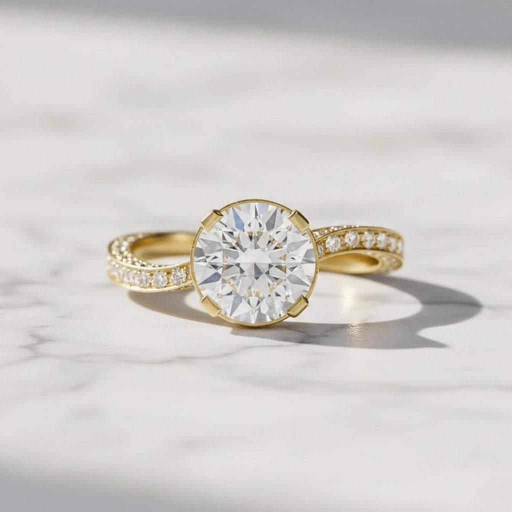 2 Carat Round Cut Moissanite Engagement Ring, Hidden Halo Ring, Yellow Gold Pave Band Ring, Solitaire Promise Ring for Women, Bridal Ring