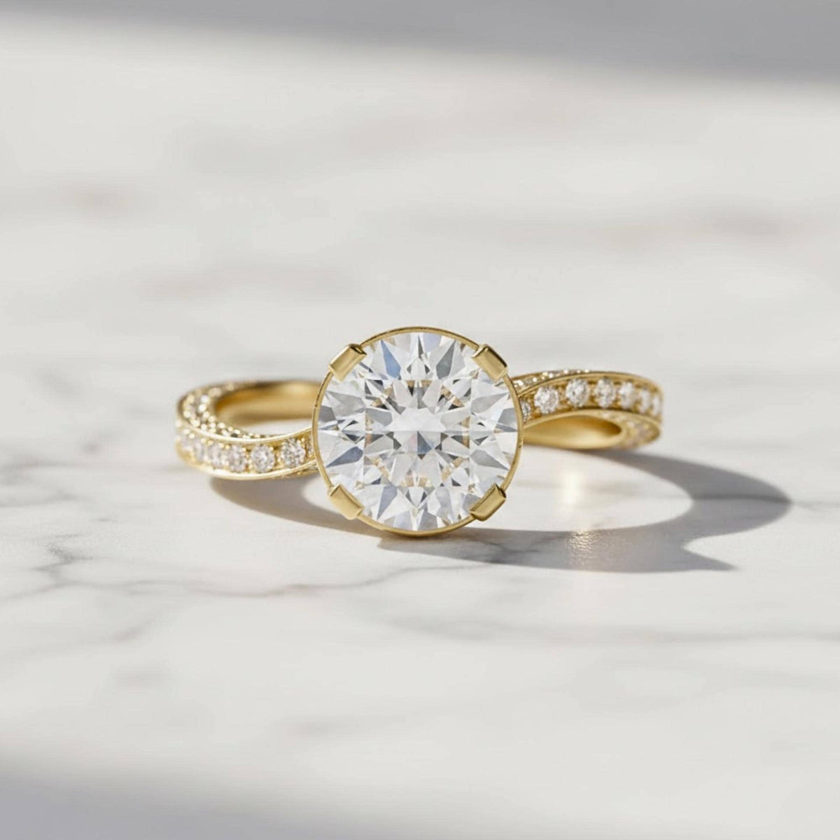 2 Carat Round Cut Moissanite Engagement Ring, Hidden Halo Ring, Yellow Gold Pave Band Ring, Solitaire Promise Ring for Women, Bridal Ring