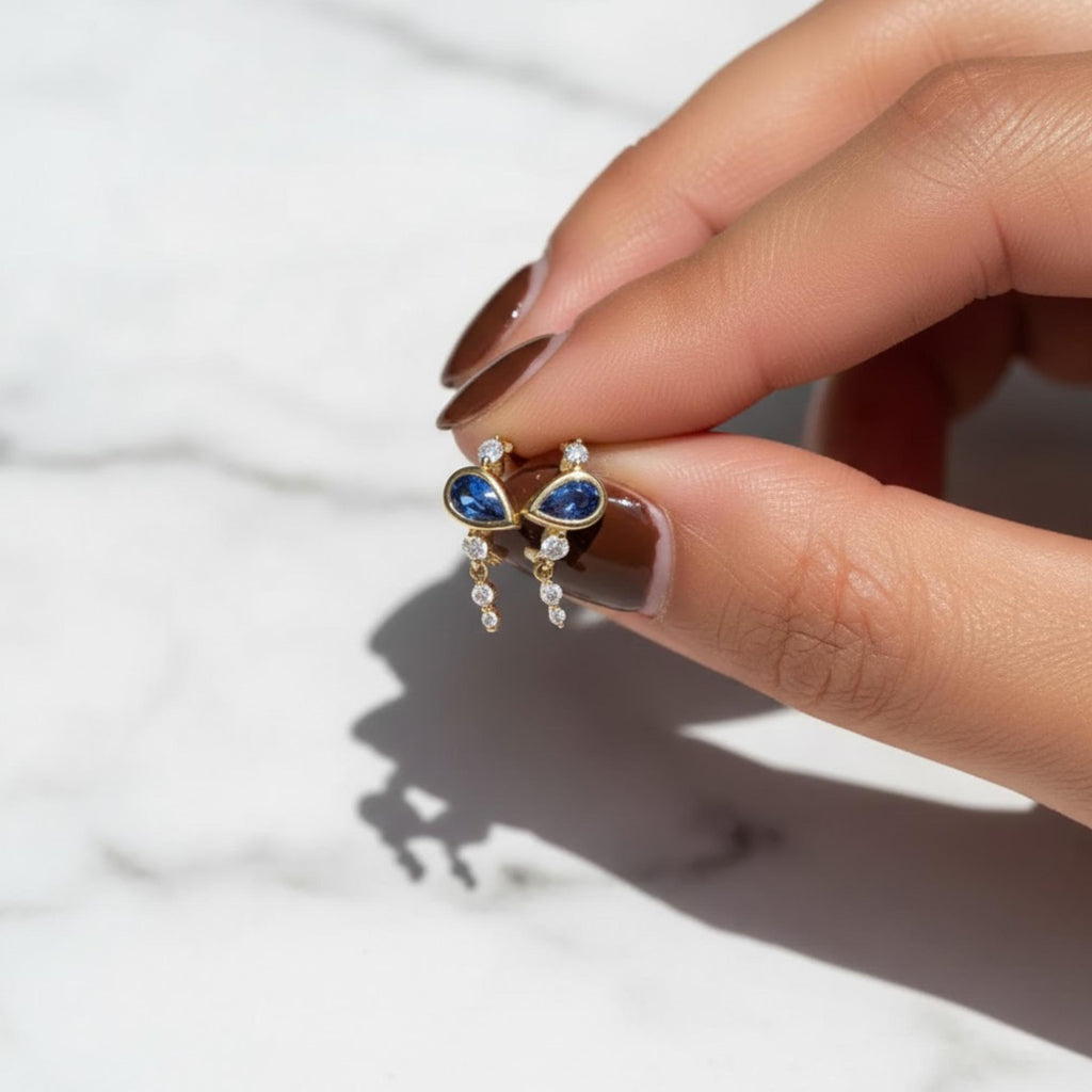 Blue Sapphire Earrings, Pear Sapphire Stud Earrings, Gold Dangle Earrings, Minimalist Bridal Earrings, September Birthstone Jewelry