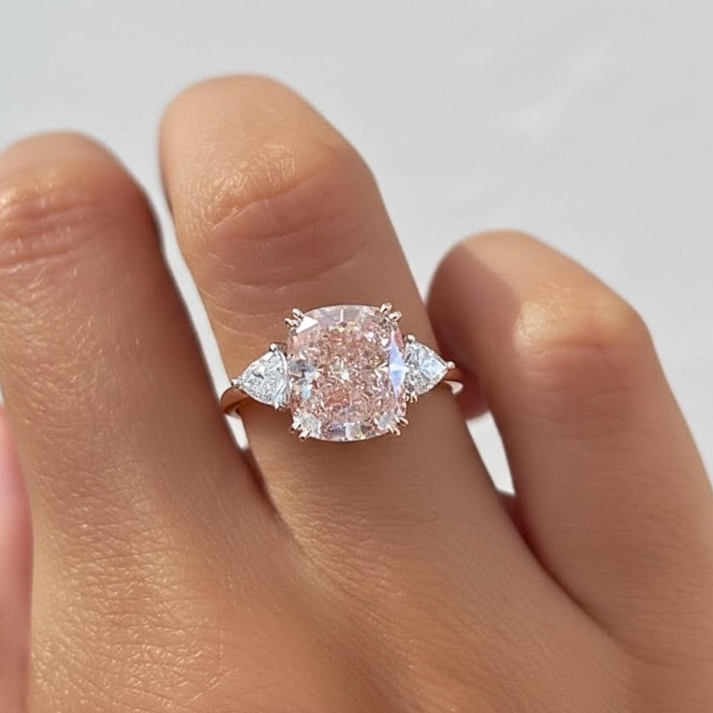 5.5 ct Pink Sapphire Engagement Ring | 14k Gold Cushion cut Moissanite Ring | Three Stone Wedding Anniversary Ring