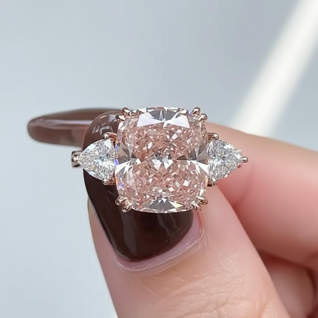5.5 ct Pink Sapphire Engagement Ring | 14k Gold Cushion cut Moissanite Ring | Three Stone Wedding Anniversary Ring