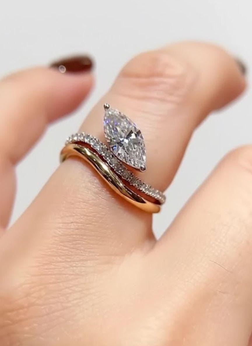 1.00ct Marquise Cut Moissanite Engagement Ring, Curved Pave Band Ring, Unique Ring, Promise Ring, Minimalist Bridal Jewelry