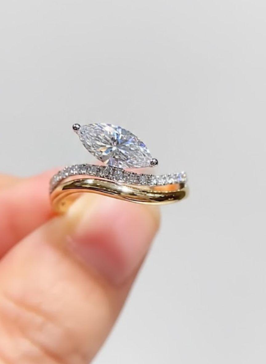 1.00ct Marquise Cut Moissanite Engagement Ring, Curved Pave Band Ring, Unique Ring, Promise Ring, Minimalist Bridal Jewelry