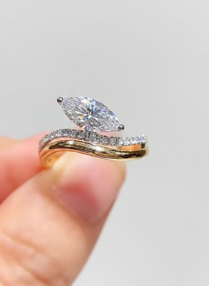 1.00ct Marquise Cut Moissanite Engagement Ring, Curved Pave Band Ring, Unique Ring, Promise Ring, Minimalist Bridal Jewelry