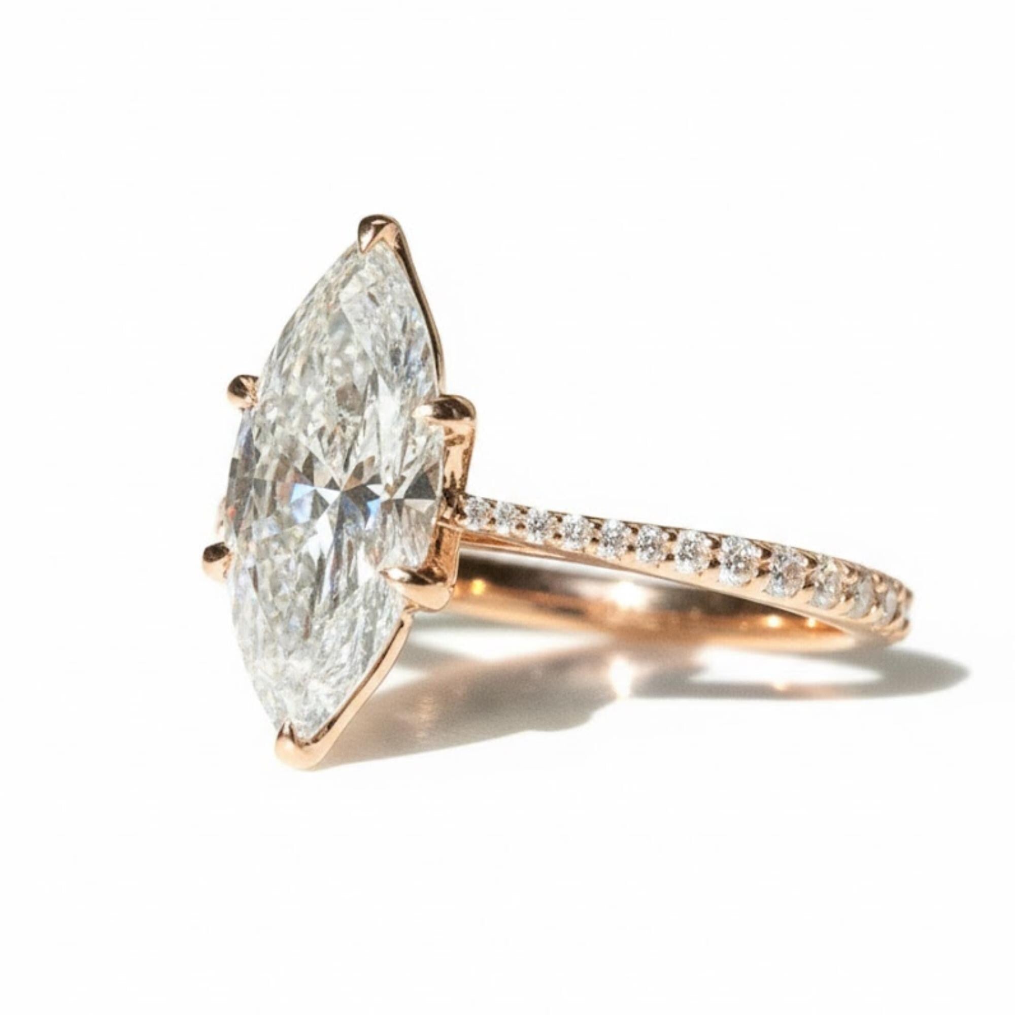 2.50ct Marquise Cut Moissanite Engagement Ring, 14K Gold Pave Set Side Stone Ring Promise Ring, Delicate Proposal Anniversary Bridal Jewelry