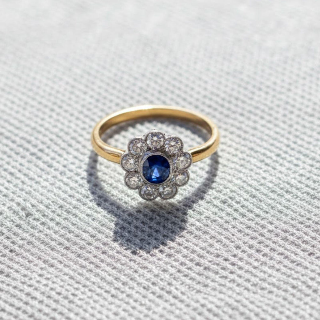 14ct Gold Vintage Sapphire and Moissanite Cluster Ring Halo Engagement