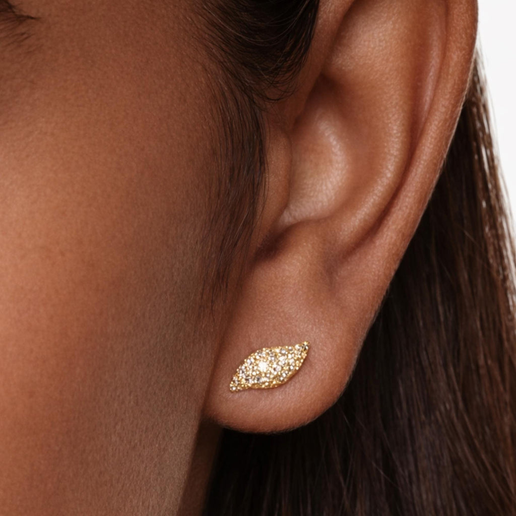 Marquise Leaf Moissanite Stud Earrings | Pavé Set 14K Gold Earrings | VVS Diamond Studs | Bridal Earrings | Gift for Her | Screw Back