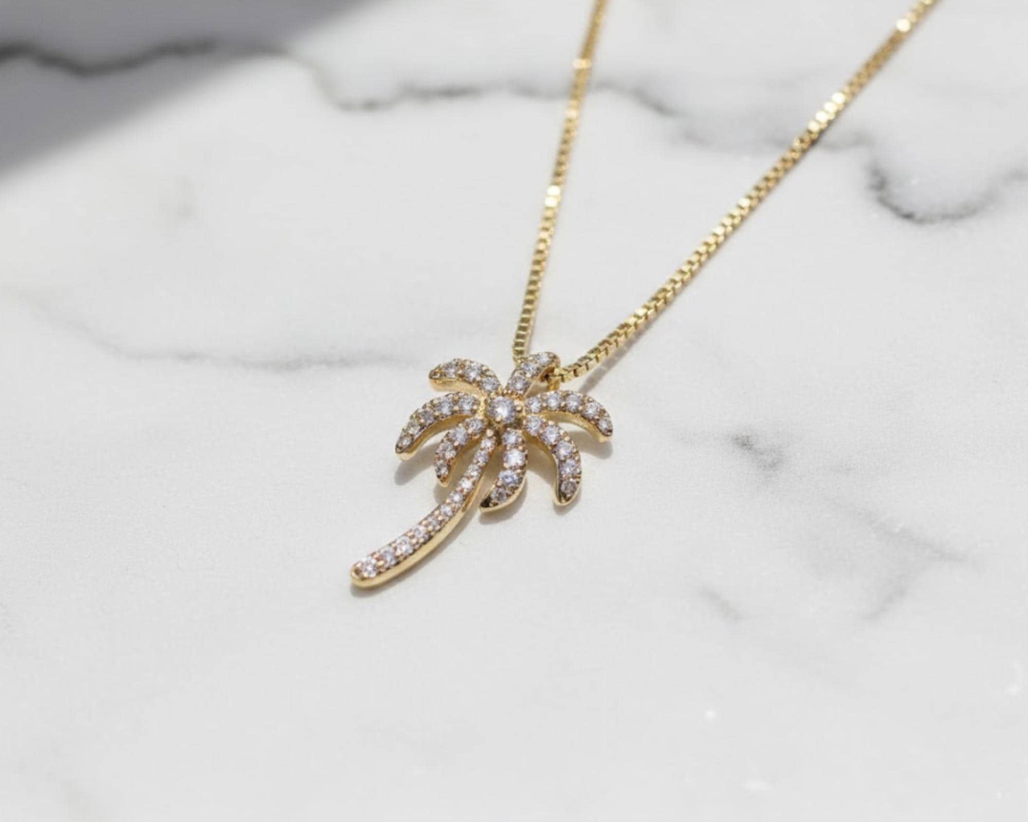 14K Solid Gold Diamond Palm Tree Pendant Necklace, Dainty Handmade Jewelry, Gift for Mother, Wife, Daughter