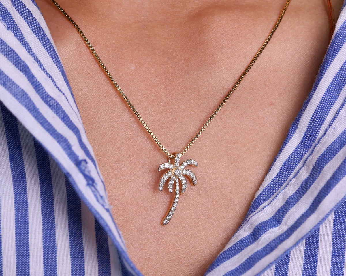 14K Solid Gold Diamond Palm Tree Pendant Necklace, Dainty Handmade Jewelry, Gift for Mother, Wife, Daughter