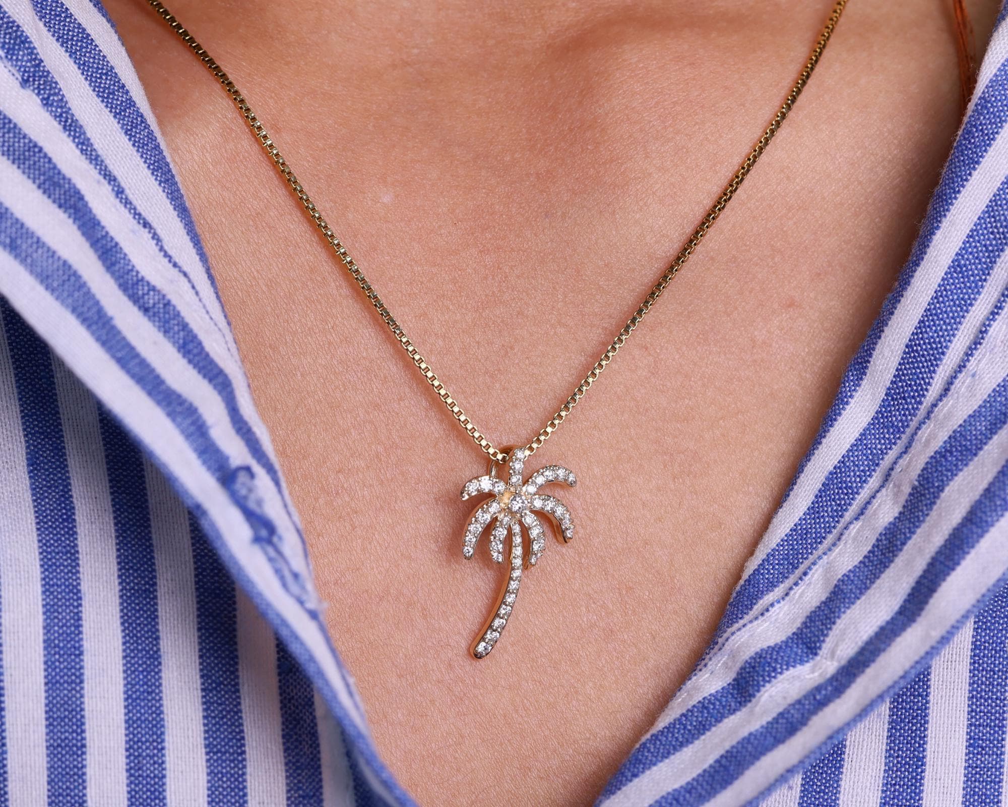 14K Solid Gold Diamond Palm Tree Pendant Necklace, Dainty Handmade Jewelry, Gift for Mother, Wife, Daughter