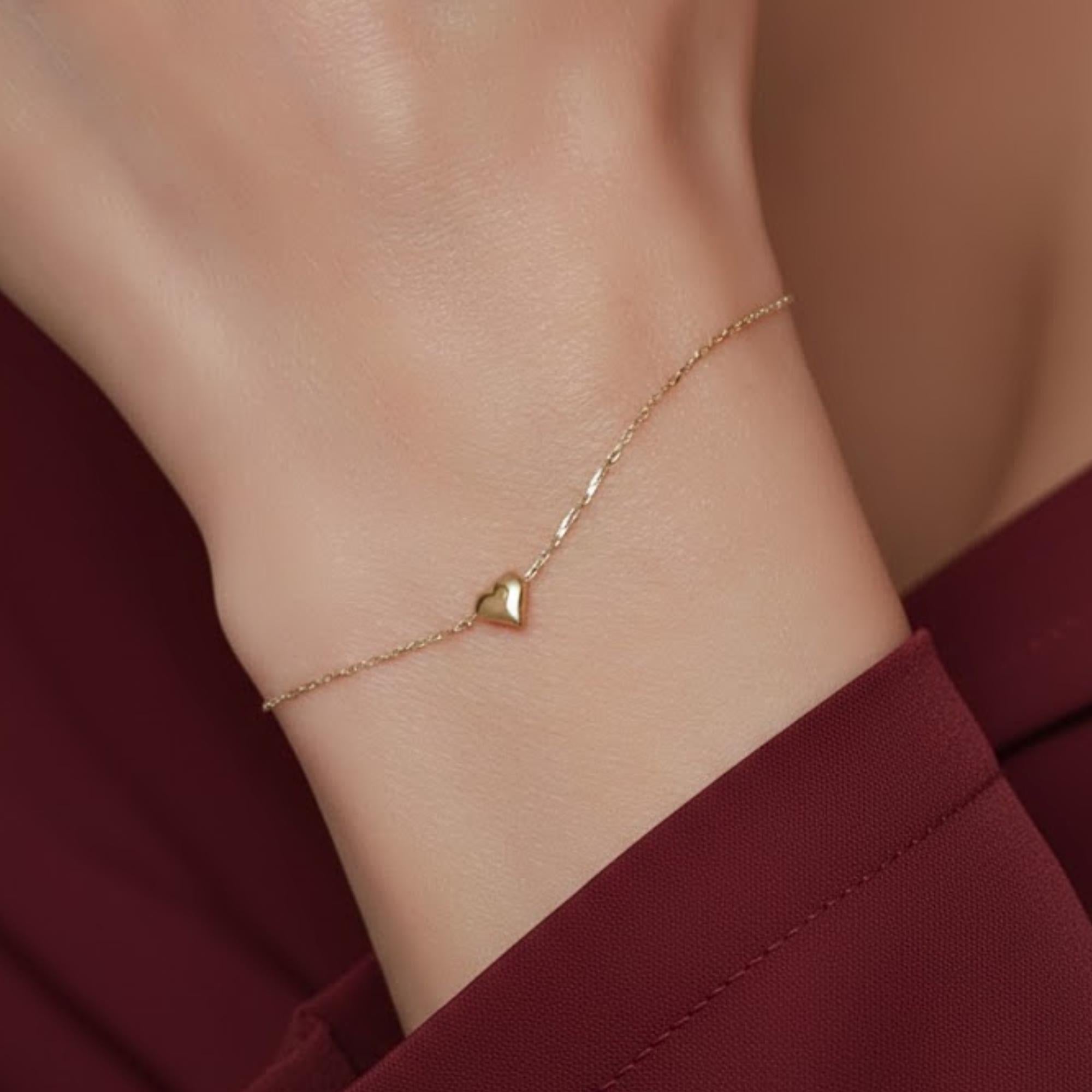 14K Gold Minimalist Heart Bracelet for Women,Solid Gold Bracelet,Tiny Heart Bracelet,