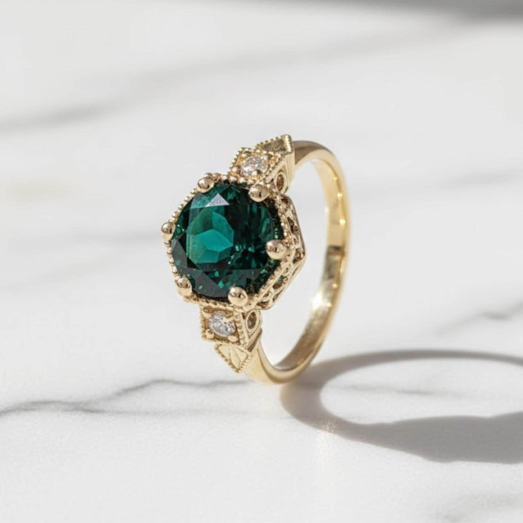 Emerald ring vintage emerald engagement ring 14k yellow gold ring gift unique antique wedding promise anniversary ring for her birthstone