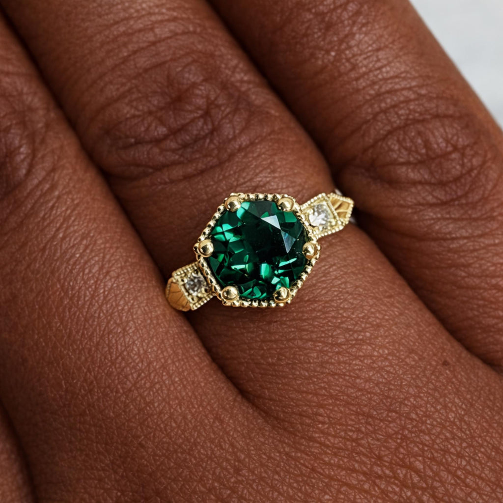 Emerald ring vintage emerald engagement ring 14k yellow gold ring gift unique antique wedding promise anniversary ring for her birthstone