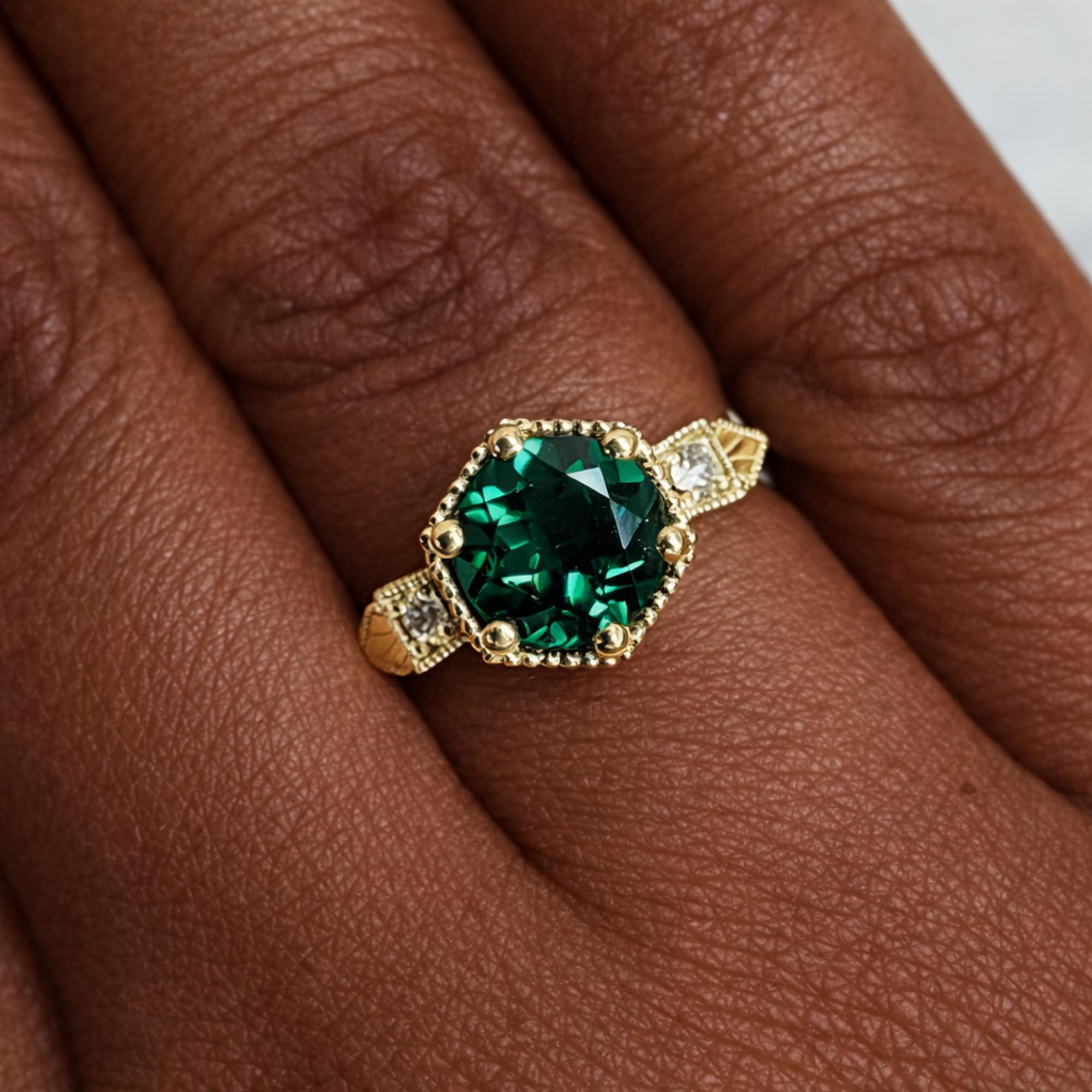 Emerald ring vintage emerald engagement ring 14k yellow gold ring gift unique antique wedding promise anniversary ring for her birthstone
