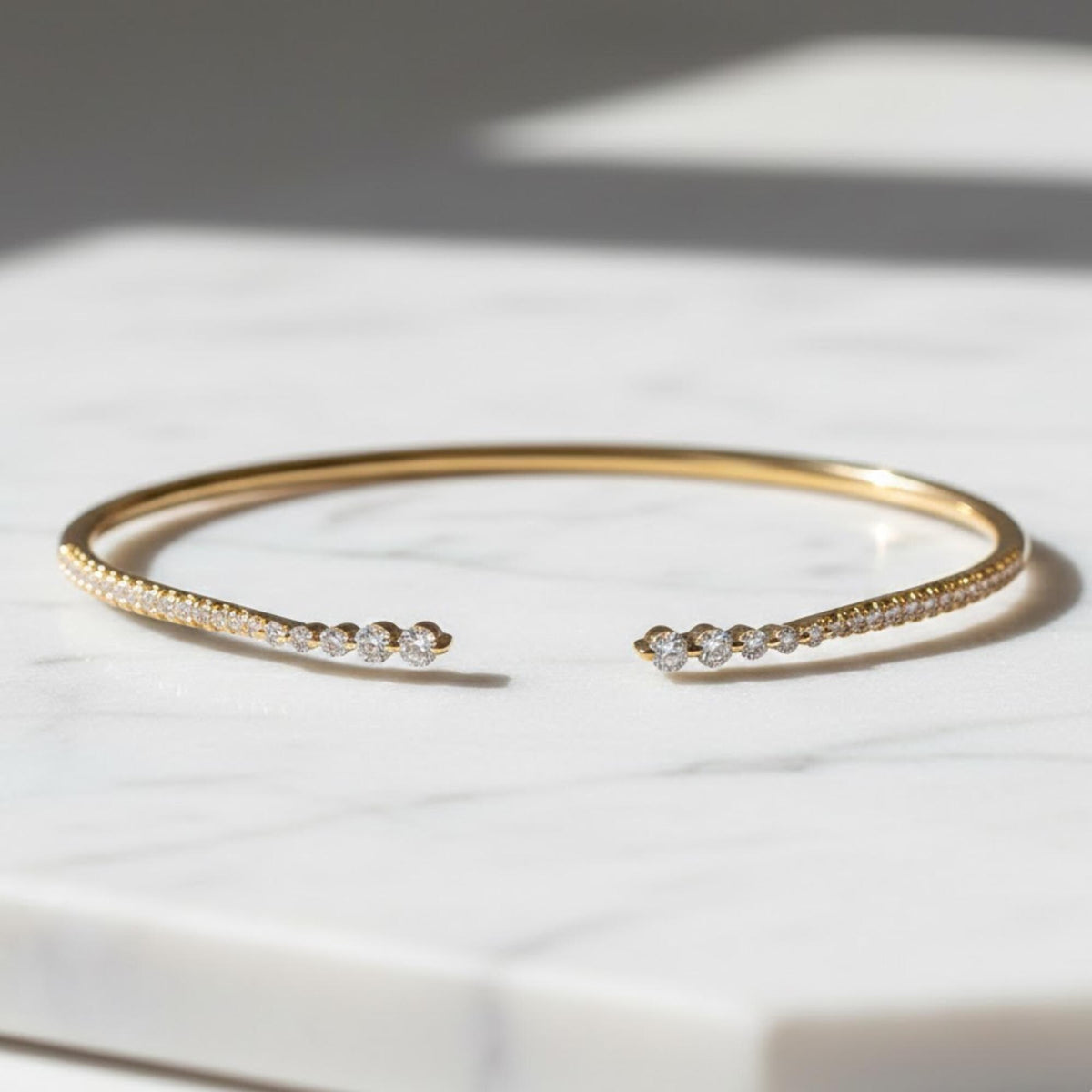 14K Solid Yellow Gold Diamond Bangle Bracelet | Women's Cuff