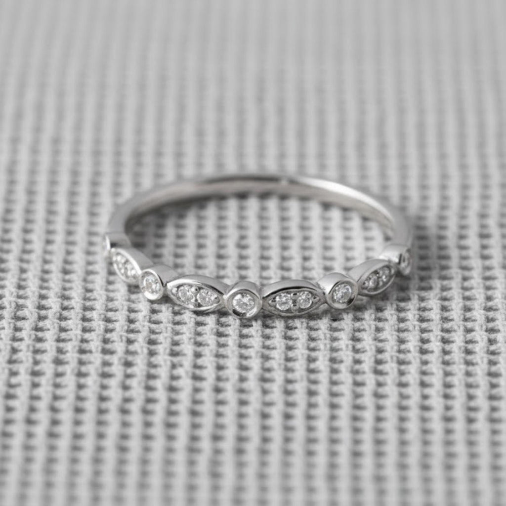 Dainty Moissanite Ring, Minimalist Wedding Band, Stackable Gold Ring, Vintage Marquise Style Band, Everyday Promise Ring