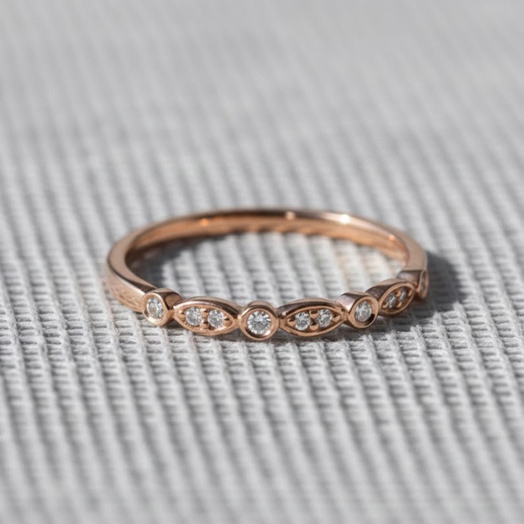Dainty Moissanite Ring, Minimalist Wedding Band, Stackable Gold Ring, Vintage Marquise Style Band, Everyday Promise Ring