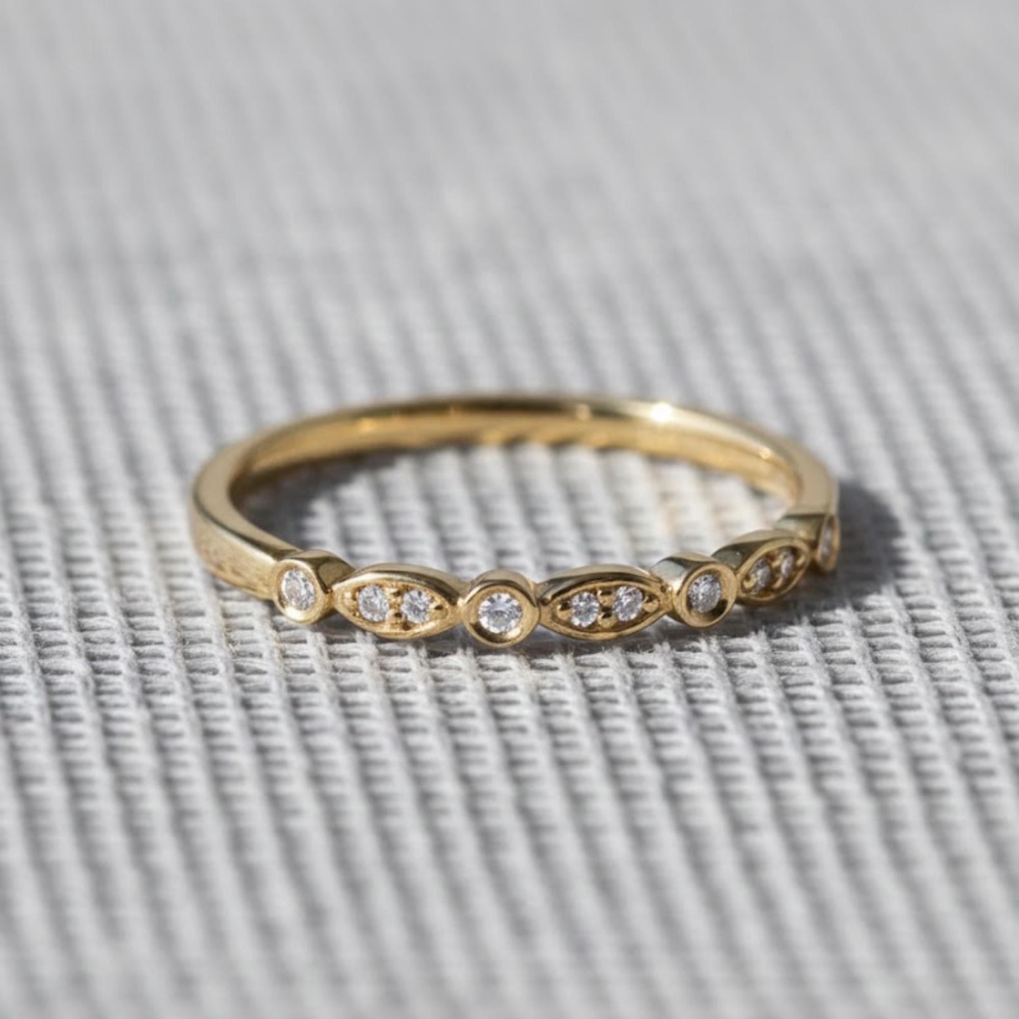 Dainty Moissanite Ring, Minimalist Wedding Band, Stackable Gold Ring, Vintage Marquise Style Band, Everyday Promise Ring