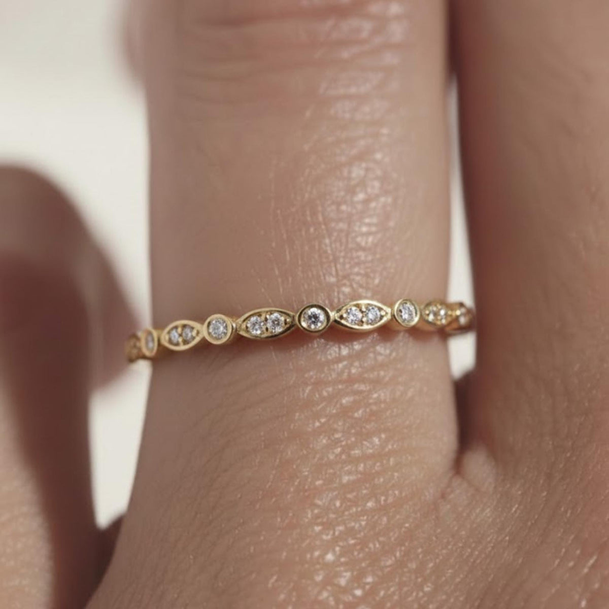 Dainty Moissanite Ring, Minimalist Wedding Band, Stackable Gold Ring, Vintage Marquise Style Band, Everyday Promise Ring