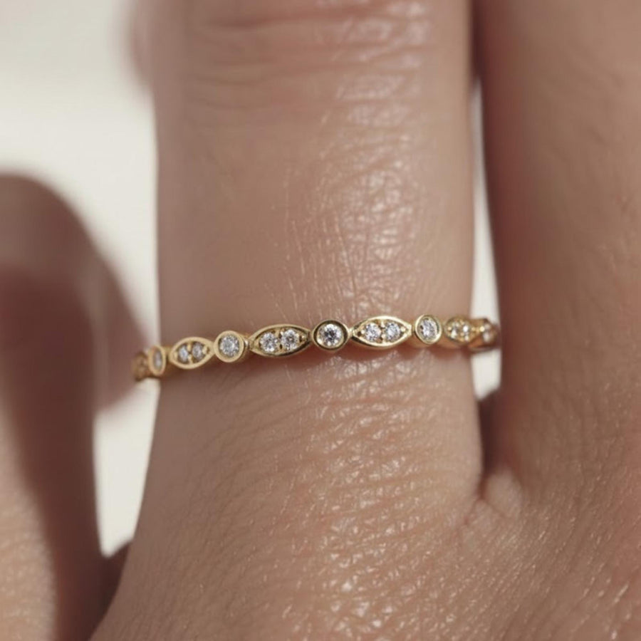 Dainty Moissanite Ring, Minimalist Wedding Band, Stackable Gold Ring, Vintage Marquise Style Band, Everyday Promise Ring
