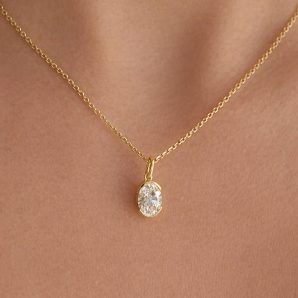 Oval Moissanite Necklace Pendant 14K Gold, Half Bezel Set Diamond Charm, Minimalist Gold Pendant, Universal Bail Jewelry Gift
